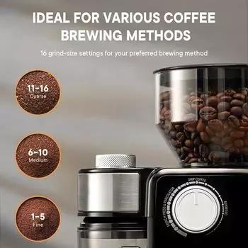 Электрическая кофемолка с жерновами, регулируемая кофемолка с 18 степенями помола для эспрессо-кофе us чёрный