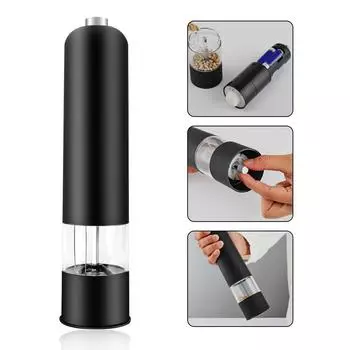 Электрическая мельница для перца и соли со светодиодной подсветкой, работающая от батареек, регулируемая мельница для перца и соли, управляемая одной рукой чёрный