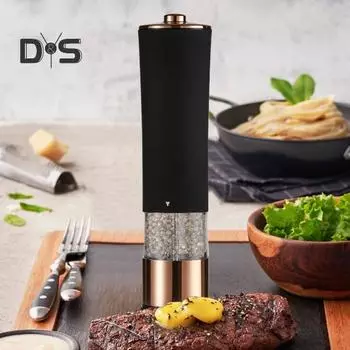 Электрическая мельница для перца и соли, работающая от батареи, автоматическая мельница для специй с регулируемой степенью помола, светодиодная подсветка, кухонный гаджет чёрный