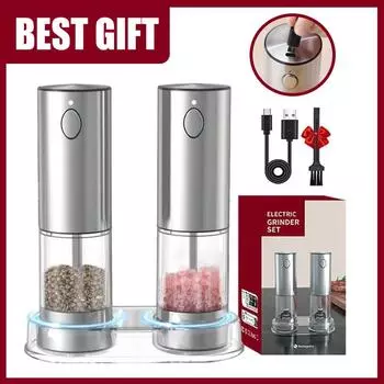 Электрическая мельница для соли и перца с подставкой, перезаряжаемая через USB, из нержавеющей стали, регулируемая степень помола, серебряные подарки