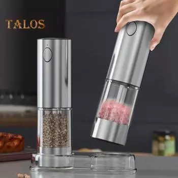 Электрическая мельница для соли и перца из 2 предметов со встроенной подсветкой, перезаряжаемая мельница из нержавеющей стали с регулируемой степенью помола, зарядка через USB-C, светодиодная подсветка 2pcs