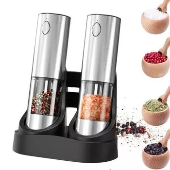 Электрическая мельница для соли и перца со встроенным освещением Перезаряжаемая USB-C Регулируемая степень грубости Двойная зарядная база Мельницы для управления одной рукой 1 Set