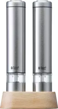 Электрическая мельница Russell Hobbs для соли, перца, каменной соли, перца, специй, регулируемая степень помола, набор из 2 шт., мини-размер, серебро 7933JP и серебряный