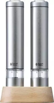 Электрическая мельница Russell Hobbs для соли, перца, каменной соли, перца, специй, регулируемая степень помола, набор из 2 шт., мини-размер, серебро 7933JP и серебряный