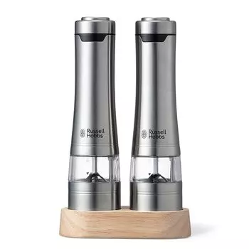 Электрическая мельница Russell Hobbs для соли и перца с деревянной подставкой 7923JP 3 месяца расширенной гарантии. Электрическая мельница для грубого помола перца. Управление одной рукой. Подарок