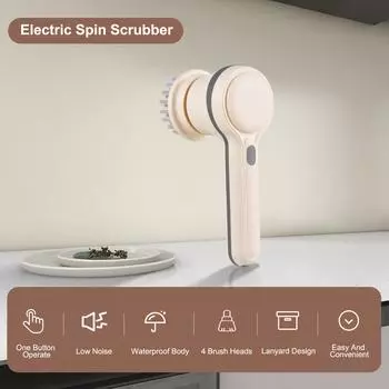 Электрическая многофункциональная щетка для чистки Spin Scrubber с 4 головками, нейлоновая/проволочная щетка/губка, беспроводная теплый белый