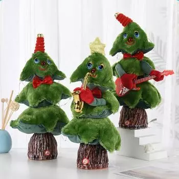 Электрическая новогодняя елочная игрушка с музыкальным светом, работающая от батареек, светодиодная, танцующая, поющая, мини-плюшевая зеленая елка, настольное украшение, украшение для вечеринки A