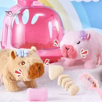 Электрическая плюшевая игрушка капибара интерактивная имитация звука ходячая игрушка для малышей мальчиков и девочек развивающая игрушка для ползания на животе Battery розовый