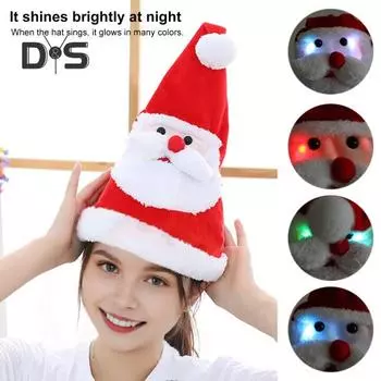 Электрическая поющая танцующая шапка Санты с мигающими огнями Рождественская шапка плюшевая бархатная праздничная шапка для рождественских новогодних вечеринок красный