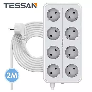 Электрическая розетка TESSAN, удлинитель с 8 розетками, 3 кабеля USB длиной 2 м, настенный удлинитель с вилкой европейского стандарта, защита от перегрузки