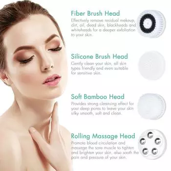 Электрическая щетка для чистки лица 4 в 1, подтягивающая лицо, отшелушивающее и очищающее звуковое массажер-очиститель с набором из 4 насадок для ухода за кожей лица розовый