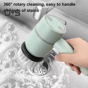 Электрическая щетка для чистки с 6 насадками, мощная мощность очистки, вращение на 360 градусов, длинная ручка, беспроводной электрический скруббер белый