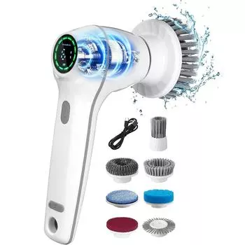 Электрическая щетка для чистки с 7 сменными головками, беспроводная щетка для душа, ручная электрическая щетка для отжима с дисплеем, водонепроницаемая