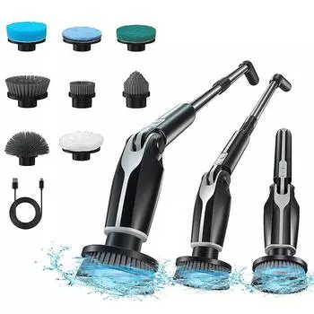 Электрическая скрубберная машина 9 в 1 с 9 насадками-щетками, беспроводная щетка для уборки, телескопическая ручка чёрный