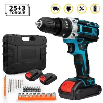 Электрическая ударная дрель с крутящим моментом 25 + 3, беспроводная электрическая отвертка, дрель, перезаряжаемая литиевая батарея, 2 скорости, бытовой электроинструмент чёрный