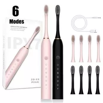 Электрическая ультразвуковая зубная щетка с 6 скоростными режимами, домашняя мягкая щетина, зарядка через USB, водонепроницаемая, для взрослых, автоматический набор для чистки зубов розовый
