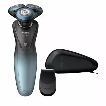 Электрическая вращающаяся бритва Philips серии 7000 Bath Shaving полностью в комплекте с бритвой Sky Blue для мужчин, тип подключения к приложению, тип и возможность мытья, триммер, черный/металлический