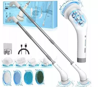 Электрическая вращающаяся щетка для пола, щетка для чистки душа, 2 вращающиеся чистящие щетки с регулируемой скоростью и 8 сменными насадками.