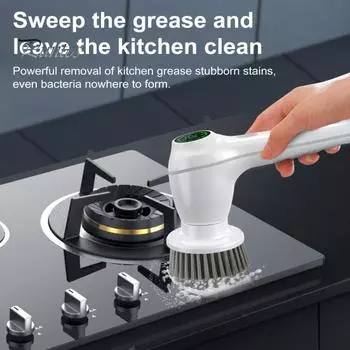 Электрическая вращающаяся скрубберная машина с 8 сменными насадками для щеток, светодиодным дисплеем, высокопроизводительным двигателем, беспроводным электрическим очистителем для душа, полов, затирки для окон белый