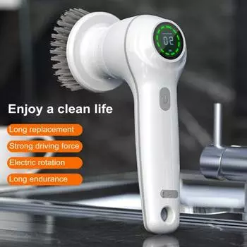 Электрическая вращающаяся скрубберная машина с 8 сменными насадками для щеток, светодиодным дисплеем, высокопроизводительным двигателем, беспроводным электрическим очистителем для душа, полов, затирки для окон белый