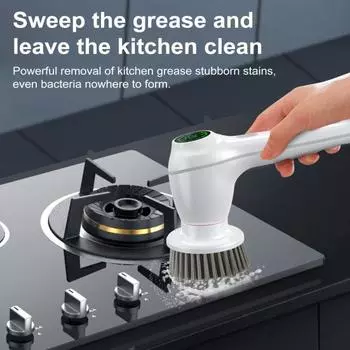 Электрическая вращающаяся скрубберная машина с 8 сменными насадками для щеток, светодиодным дисплеем, высокопроизводительным двигателем, беспроводным электрическим очистителем для душа, полов, затирки для окон белый