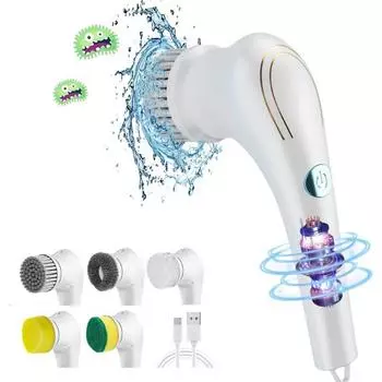Электрическая вращающаяся скрубберная многофункциональная ручная чистящая щетка беспроводная перезаряжаемая с 5 сменными головками для ванной комнаты автомобиля белый