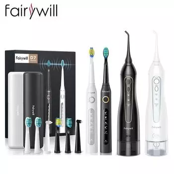 Электрическая зубная щетка Fairywill, черно-белая и водная нить, зарядка через USB, длительный срок службы, Smart Time FW-5020 FW-507 чёрный