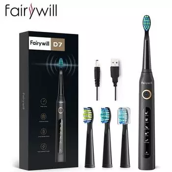 Электрическая зубная щетка Fairywill Sonic, перезаряжаемая через USB, 5 режимов, 4 сменных насадки FW-507, черный цвет чёрный