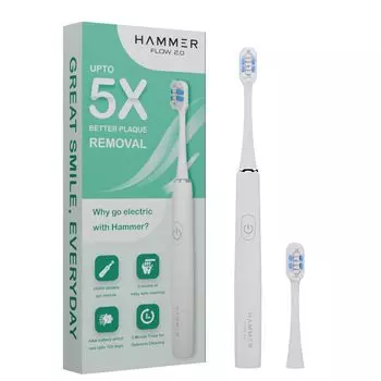 Электрическая зубная щетка HAMMER Flow 2.0 и 2 сменные насадки для взрослых мужчин и женщин, 2 режима чистки, батарея AAA, сверхмягкие щетинки(белый) белый