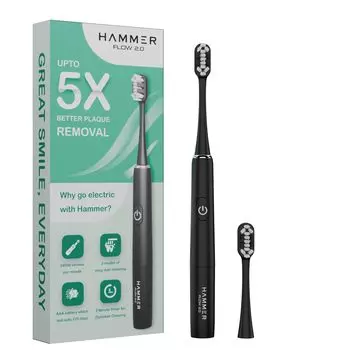 Электрическая зубная щетка HAMMER Flow 2.0 и 2 сменные насадки для мужчин и женщин, 2 режима чистки, батарея AAA, сверхмягкие щетинки (черный) чёрный