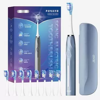 Электрическая зубная щетка SEAGO, 8 сменных щеток, портативная звуковая зубная щетка, футляр для хранения, перезаряжаемая, отбеливающая, бесшовная кнопка, 3 секунды, пошаговое управление