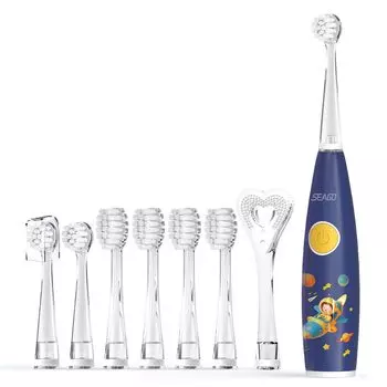 Электрическая зубная щетка SEAGO с 7 сменными насадками и 1 язычком, милыми наклейками в виде животных и 7 красочными электрическими зубными щетками для малышей для мальчиков и девочек синий