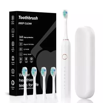 Электрическая зубная щетка Sonic 6-Speed Electric Toothbrush 2024 года — мягкая щетина для взрослых, набор для пары 2 Heads + Case белый