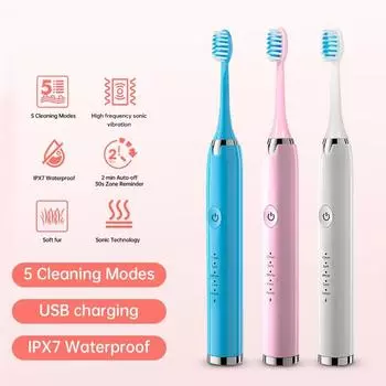Электрическая звуковая зубная щетка с 5 скоростными режимами, мягкая щетина, USB-перезаряжаемая, водонепроницаемая, ультразвуковая отбеливающая зубная щетка, сменная головка