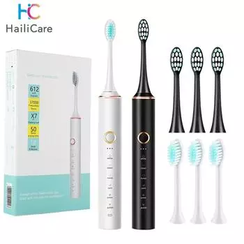 Электрическая звуковая зубная щетка USB зарядка перезаряжаемая для взрослых IPX7 водонепроницаемый электронный зуб 4 щетки сменные головки отбеливание чёрный