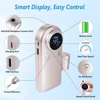 Электрические дрели для ногтей, перезаряжаемые, 45000 об/мин, машина для напиливания ногтей с ЖК-дисплеем, 2 вращения, для акриловых ногтей, гелевых ногтей, маникюра USB Rechargable темно-зеленого