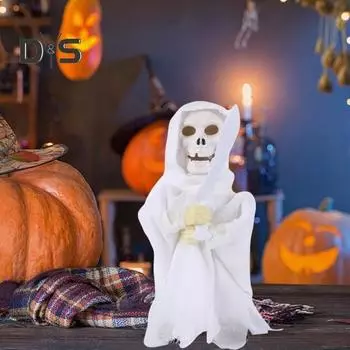 Электрические качели на Хэллоуин, фигурка скелета, светящийся череп в плаще со звуком, подвижная настольная статуэтка для декора вечеринки A