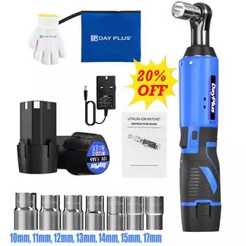 Электрический беспроводной правый гаечный ключ с трещоткой 3/8 90° со светодиодной подсветкой + набор из 7 торцевых головок, 2 аккумулятора