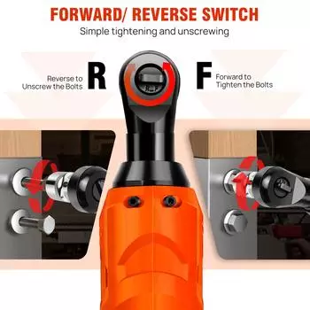 Электрический беспроводной правый гаечный ключ с трещоткой EMDTOOL 3/8 , 90°, крутящий момент 200 Нм, светодиодная подсветка + набор из 7 головок, 2 батареи UNITED KINGDOM