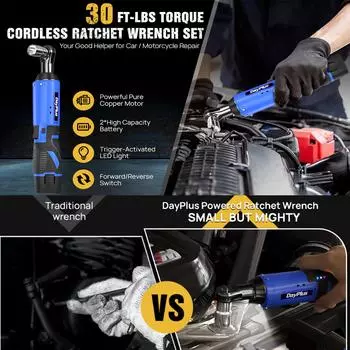 Электрический беспроводной правый гаечный ключ с трещоткой 3/8 90° со светодиодной подсветкой + набор из 7 торцевых головок, 2 аккумулятора Poland