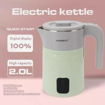 Электрический чайник 2 л, быстро нагревающийся водонагреватель из нержавеющей стали с двойными стенками для дома, общежития, офиса 220 В EU зелёный