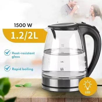 Электрический чайник для быстрого кипячения воды мощностью 1500 Вт, 220 В, чайник для кофе и чая, боросиликатный чайник для горячей воды с автоматическим отключением, 1,2 л, 2 л EU Plug 220V