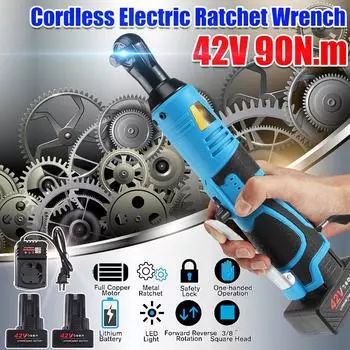 Электрический гаечный ключ 42 В, 3/8 дюйма, аккумуляторная трещотка для строительных лесов, угловой ключ 90 Нм, инструмент с комплектом зарядного устройства из 2 батарей