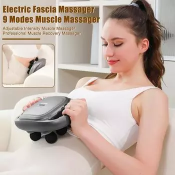 Электрический массажер для фасций, дизайн с 6 головками, 9 режимов, регулируемый, перезаряжаемый, ручной, перкуссионный, вибрационный, для глубоких тканей, массажер для мышц