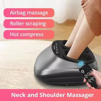 Электрический массажер для ног с подогревом, разминающими роликами, шиацу, воздушной компрессией, машина для массажа ног, глубокое расслабление, уход за здоровьем ног чёрный