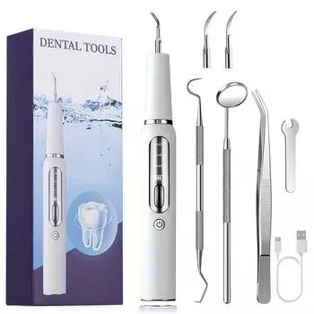 Электрический очиститель зубов, Электрический очиститель зубов со светодиодной подсветкой, 3 режима перезаряжаемого набора для чистки зубов со стоматологическими инструментами, 2 сменные головки