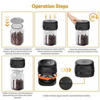 Электрический вакуумный упаковщик для банок Mason 60 кПа, машина для вакуумной запайки с сильным всасыванием для консервных банок с чёрный