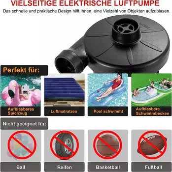 Электрический воздушный насос 2 в 1 Воздушный насос Воздушный матрас для надувания и слива Электрический насос с 3 насадками для надувного матраса Надувная игрушка Кольцо для плавания чёрный