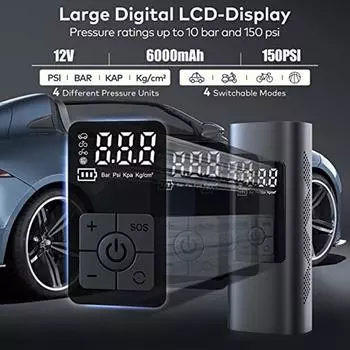 Электрический воздушный насос с аккумулятором 6000 мАч, портативный велосипедный насос 150 фунтов на квадратный дюйм, шинный насос с цифровым ЖК-дисплеем, мини-компрессор со светодиодной подсветкой для велосипедов, мотоциклов 17x7x5cm