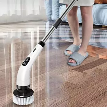 Электрический вращающийся скребок с длинной ручкой, светодиодный дисплей, 2 скорости, беспроводная аккумуляторная щетка для чистки высокой мощности, скребок для пола чёрный/синий